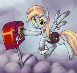 Size: 3468x3300 | Tagged: safe, artist:bakemono-san, derpy hooves, pegasus, pony, bag, cloud, cloudy, female, flying, high res, letter, mare, muffin, solo