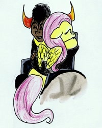 Size: 1049x1310 | Tagged: safe, artist:everdeen11, fluttershy, crossover, homestuck, tavros nitram, tavroshy, traditional art