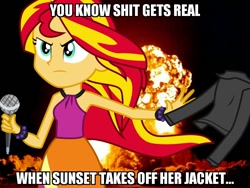 Size: 800x600 | Tagged: safe, edit, sunset shimmer, equestria girls, rainbow rocks, clothes, explosion, image macro, jacket, leather jacket, meme, the coats are off, throwing, vulgar