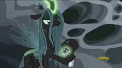 Size: 1917x1080 | Tagged: safe, screencap, queen chrysalis, changeling, changeling larva, changeling queen, the times they are a changeling, discovery family logo, female, glare, grub, larva, levitation, lidded eyes, loving gaze, magic, mommy chrissy, mother, petting, smiling, telekinesis