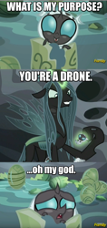 Size: 696x1472 | Tagged: safe, edit, edited screencap, screencap, queen chrysalis, thorax, changeling, changeling larva, changeling queen, the times they are a changeling, caption, egg, female, grub, image macro, meme, mommy chrissy, rick and morty, something ricked this way comes