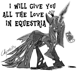 Size: 1136x1052 | Tagged: safe, artist:chopsticks, queen chrysalis, changeling, changeling larva, changeling queen, nymph, black and white, changeling feeding, cute, cutealis, cuteling, dialogue, duo, female, grayscale, heart, love, mommy chrissy, monochrome, mother, mother and child, parent and child, signature, simple background, white background