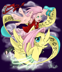 Size: 1024x1178 | Tagged: dead source, safe, artist:saphers, fluttershy, human, pegasus, crossover, haruno sakura, japanese, naruto, smiling