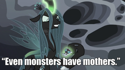 Size: 1280x720 | Tagged: safe, edit, edited screencap, screencap, queen chrysalis, changeling, changeling larva, changeling queen, the times they are a changeling, beowulf, caption, grub, image macro, meme, mommy chrissy