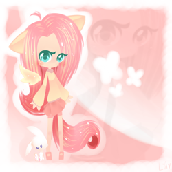 Size: 2000x2000 | Tagged: safe, artist:lillynya, angel bunny, fluttershy, breasts, clothes, delicious flat chest, eared humanization, flattershy, high res, humanized, skinny, skirt, tailed humanization, winged humanization