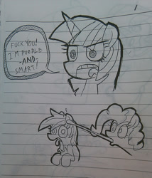 Size: 691x808 | Tagged: safe, artist:melancholy, derpibooru import, pinkie pie, rainbow dash, twilight sparkle, earth pony, pegasus, pony, grayscale, lined paper, monochrome, non-consensual licking, purple smart, tongue out, traditional art, vulgar, wat