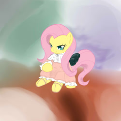 Size: 1500x1500 | Tagged: safe, artist:melynxe, fluttershy, pegasus, pony, abstract background, black wings, clothes, colored wings, dress, female, looking at you, mare, sitting, solo, three quarter view, wicked, wings