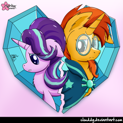 Size: 833x830 | Tagged: safe, artist:clouddg, starlight glimmer, sunburst, pony, unicorn, the crystalling, cape, clothes, crystal heart, female, glasses, goatee, male, shipping, signature, starburst, straight
