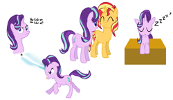 Size: 2193x1275 | Tagged: safe, artist:zharkaer, starlight glimmer, sunset shimmer, bee, pony, unicorn, angry, crying, looking at you, magic blast, simple background, sleeping, stung, vulgar, white background, zzz