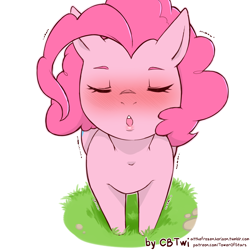 Size: 1200x1200 | Tagged: safe, artist:cold-blooded-twilight, pinkie pie, earth pony, pony, blushing, cute, diapinkes, eyes closed, female, grass, kissing, kissy face, mare, offscreen character, open mouth, pov, shivering, solo