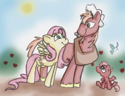Size: 1405x1080 | Tagged: safe, artist:frankilew, big macintosh, fluttershy, bird, pegasus, pony, :o, eye contact, family, female, filly, fluttermac, foal, male, offspring, parent:big macintosh, parent:fluttershy, parents:fluttermac, shipping, smiling, straight