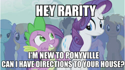 Size: 804x450 | Tagged: safe, edit, edited screencap, screencap, rarity, spike, dragon, earth pony, pony, unicorn, boast busters, bad pickup line spike, caption, female, image macro, male, mare, stallion