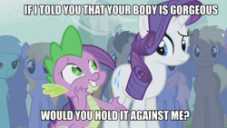 Size: 800x450 | Tagged: safe, edit, edited screencap, screencap, rarity, spike, dragon, earth pony, pony, unicorn, boast busters, bad pickup line spike, caption, image macro, innuendo, male, mare, stallion