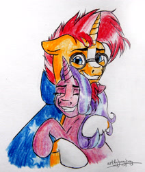 Size: 3249x3825 | Tagged: safe, artist:artbyponypony, starlight glimmer, sunburst, pony, unicorn, crying, female, hug, male, shipping, starburst, straight