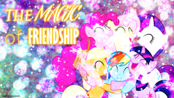 Size: 1920x1080 | Tagged: safe, artist:ahsokafan100, artist:kishmond, derpibooru import, applejack, fluttershy, pinkie pie, rainbow dash, rarity, twilight sparkle, earth pony, pegasus, pony, unicorn, group hug, hug, mane six, wallpaper