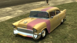 Size: 1280x720 | Tagged: safe, fluttershy, human, 1950s, 50s, automobile, barely pony related, bel air, car, chevrolet, chevy, midnight club, midnight club: la, ponycar, sidewalk, video game