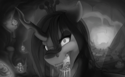 Size: 1300x800 | Tagged: safe, artist:silentwulv, queen chrysalis, changeling, changeling queen, changeling hive, drool, grayscale, monochrome, wip