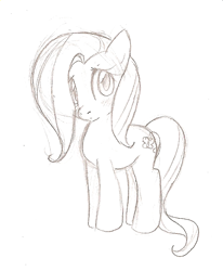 Size: 566x688 | Tagged: safe, artist:jessy, fluttershy, pegasus, pony, blushing, female, filly, filly fluttershy, head tilt, looking at you, monochrome, pencil drawing, simple background, sketch, solo, standing, three quarter view, traditional art, white background, wingless, younger