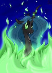 Size: 1190x1683 | Tagged: safe, artist:briarspark, queen chrysalis, changeling, changeling queen, female, fire, green fire, solo