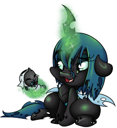 Size: 3007x3281 | Tagged: safe, artist:cutepencilcase, queen chrysalis, changeling, changeling larva, changeling queen, nymph, the times they are a changeling, cute, cutealis, cuteling, duo, female, open mouth, simple background, transparent background
