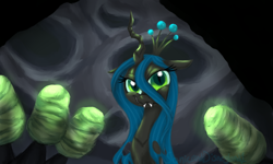 Size: 1024x614 | Tagged: safe, artist:sonicanddisneyland1, queen chrysalis, changeling, changeling queen, the times they are a changeling, cave, egg, grin, smiling, solo