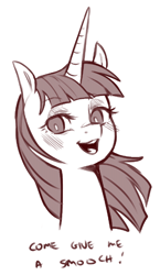 Size: 456x786 | Tagged: safe, artist:cold-blooded-twilight, oc, oc only, oc:fausticorn, alicorn, pony, blushing, bronybait, bust, kiss me, looking at you, monochrome, portrait, simple background, talking to viewer