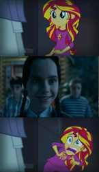 Size: 595x1024 | Tagged: safe, sunset shimmer, equestria girls, rainbow rocks, exploitable meme, meme, smiling, sunset screamer, the addams family, wednesday addams