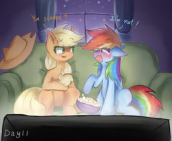 Size: 1400x1150 | Tagged: safe, artist:irenla, derpibooru import, applejack, rainbow dash, earth pony, pegasus, pony, appledash, blushing, cowboy hat, cute, dashabetes, dialogue, duo, duo female, female, food, hat, jackabetes, lesbian, looking at each other, mare, movie night, night, popcorn, scared, shipping, sitting, smiling, sofa, stetson, teary eyes, television