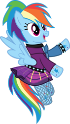 Size: 674x1186 | Tagged: safe, artist:meganlovesangrybirds, derpibooru import, rainbow dash, pegasus, pony, friendship through the ages, 80s, alternate hairstyle, clothes, female, fishnet stockings, mare, rainbow dash always dresses in style, rainbow punk, skirt, solo