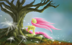 Size: 2000x1250 | Tagged: safe, artist:ifoldbooks, fluttershy, pegasus, pony, solo, tree, windswept mane