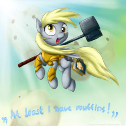 Size: 900x900 | Tagged: safe, artist:rule1of1coldfire, derpy hooves, pegasus, pony, armor, epic derpy, female, hammer, leeroy jenkins, mare