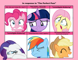 Size: 1019x785 | Tagged: safe, derpibooru import, applejack, fluttershy, pinkie pie, rainbow dash, rarity, twilight sparkle, earth pony, pegasus, pony, unicorn, the perfect pear, 6 pony meme, applejack cries on the inside, crying, crying inside, exploitable meme, floppy ears, grin, makeup, meme, running makeup, sad, smiling