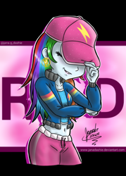 Size: 800x1118 | Tagged: safe, artist:janadashie, derpibooru import, rainbow dash, dance magic, equestria girls, spoiler:eqg specials, baseball cap, belly button, cap, clothes, cute, ear piercing, eyes closed, female, hat, pants, piercing, rapper, rapper dash, signature, solo