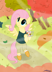 Size: 900x1237 | Tagged: safe, artist:willdrawforfood1, fluttershy, pegasus, pony, autumn, clothes, coffee, socks, sweater, sweatershy