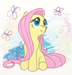 Size: 700x727 | Tagged: safe, artist:zombie-d0g, fluttershy, butterfly, pegasus, pony, sitting, solo