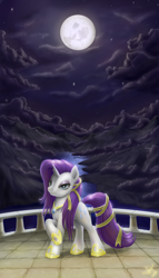 Size: 1500x2625 | Tagged: safe, artist:1jaz, rarity, pony, unicorn, balcony, clothes, moon, night, sky, solo