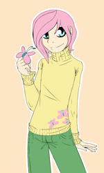 Size: 1500x2500 | Tagged: dead source, safe, artist:rainbowscreen, butterscotch, fluttershy, clothes, humanized, rule 63, solo, sweater, sweatershy