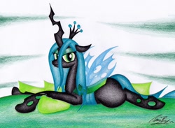 Size: 1024x748 | Tagged: safe, artist:thechrispony, queen chrysalis, changeling, changeling queen, bugbutt, looking at you, prone, solo, traditional art