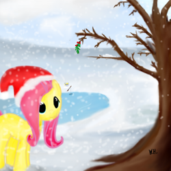 Size: 1500x1500 | Tagged: safe, artist:brony2you, derpy hooves, fluttershy, pegasus, pony, christmas, duo, female, hat, mare, santa hat, snow, snowfall, tree