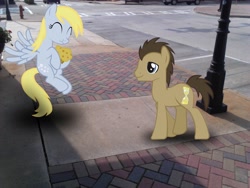 Size: 2048x1536 | Tagged: safe, artist:tokkazutara1164, derpy hooves, doctor whooves, pony, eating, irl, muffin, photo, ponies in real life, sidewalk, street, vector