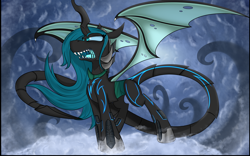 Size: 2560x1600 | Tagged: safe, artist:dangercloseart, queen chrysalis, changeling, changeling queen, cloud, fangs, female, fusion, glare, long tail, looking up, nightmare, nightmare chrysalis, nightmarified, open mouth, sharp teeth, slit eyes, solo, spread wings, standing, teeth, wing claws, wings