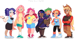 Size: 862x448 | Tagged: safe, artist:snovve, derpibooru import, applejack, fluttershy, pinkie pie, rainbow dash, rarity, spike, twilight sparkle, human, clothes, converse, dark skin, diversity, heart, humanized, light skin, mane seven, mane six, shoes, simple background, skirt, sweater, sweatershy, transparent background