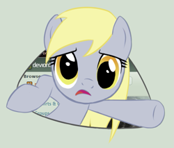 Size: 513x437 | Tagged: safe, artist:toradust, derpy hooves, pegasus, pony, deviantart, female, fourth wall, mare