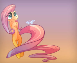 Size: 1000x815 | Tagged: safe, artist:skygracer, fluttershy, pegasus, pony, arm behind back, chest fluff, cute, impossibly long tail, slim, solo, wingless