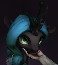 Size: 1713x1907 | Tagged: safe, artist:oneofyouare, queen chrysalis, human, cute, cutealis, female, hand, heart eyes, licking, looking at you, offscreen character, tongue out, wingding eyes