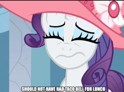 Size: 822x609 | Tagged: safe, edit, edited screencap, screencap, rarity, pony, unicorn, sweet and elite, caption, female, hat, indigestion, mare, out of context, solo