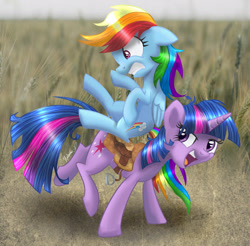 Size: 1406x1385 | Tagged: safe, alternate version, artist:helmie-art, artist:modecom1, derpibooru import, rainbow dash, twilight sparkle, unicorn twilight, pegasus, pony, unicorn, cornfield, duo, female, mare, open mouth, ponies riding ponies, riding, saddle, scenery, tack