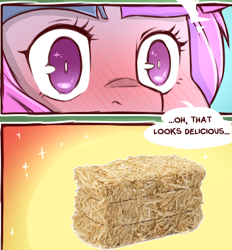 Size: 407x438 | Tagged: safe, artist:cold-blooded-twilight, edit, twilight sparkle, blushing, hay, hay bale, solo