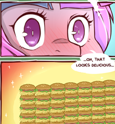 Size: 407x438 | Tagged: safe, artist:cold-blooded-twilight, artist:drakizora, edit, twilight sparkle, blushing, burger, food, that pony sure does love burgers