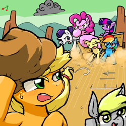 Size: 600x600 | Tagged: safe, artist:yajima, derpibooru import, applejack, derpy hooves, fluttershy, pinkie pie, rainbow dash, rarity, twilight sparkle, earth pony, pegasus, pony, unicorn, the last roundup, female, mane six, mare, scene interpretation